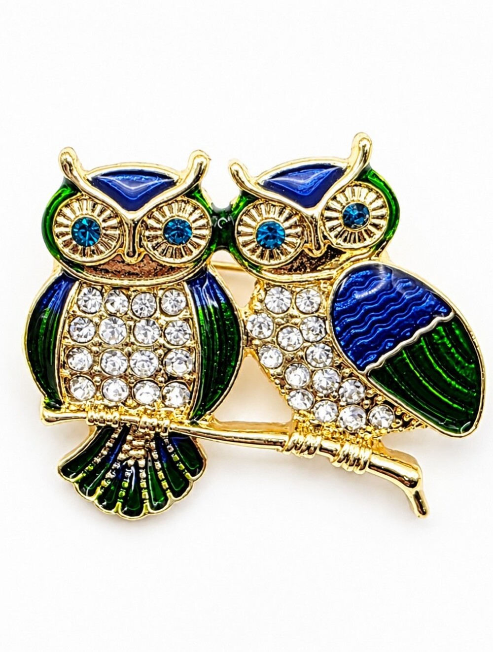 Vintage Owl Rhinestone Enamel Brooch Blue Green Gold Tone Pin Retro Bird
